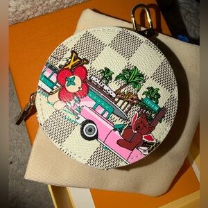 Round White Check Coin Pouch with Pink & Green Graphic